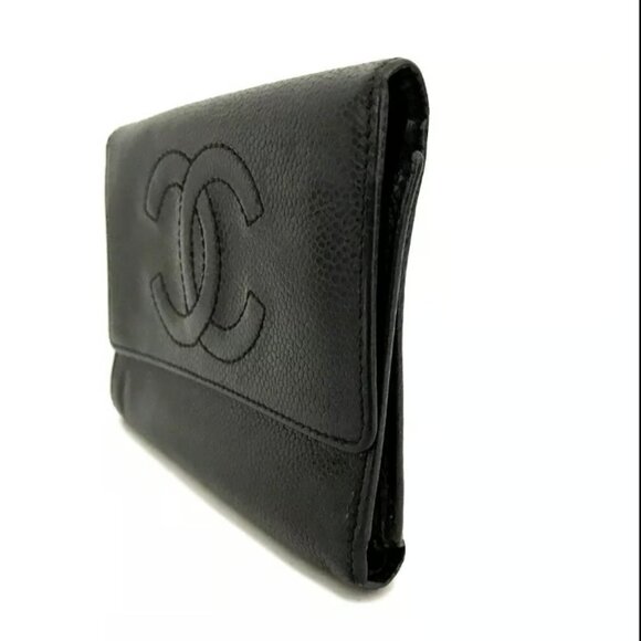AUTHENTIC CHANEL BLACK CC LOGO GRAINED CALF SKIN TRIFOLD WALLET - Picture 4 of 8